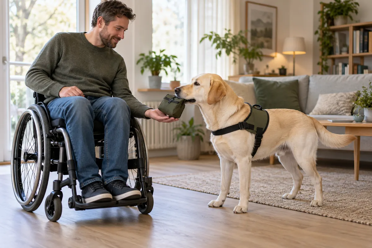 Assistanshund lämnar en tygpåse till sin förare som sitter i rullstol.