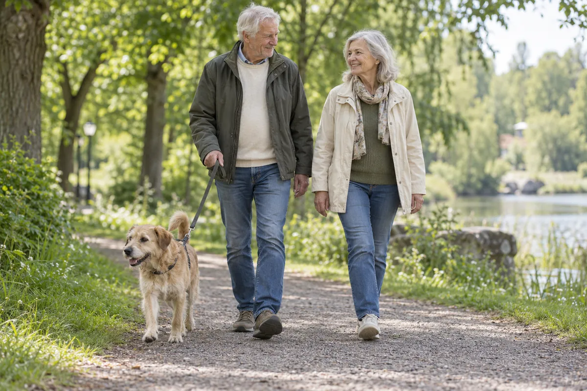 Äldre par promenerar med sin hund i en grön park.