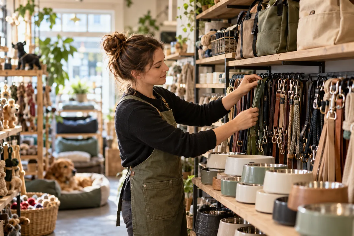 Medarbetare ordnar djurtillbehör på hyllor i en djurbutik.