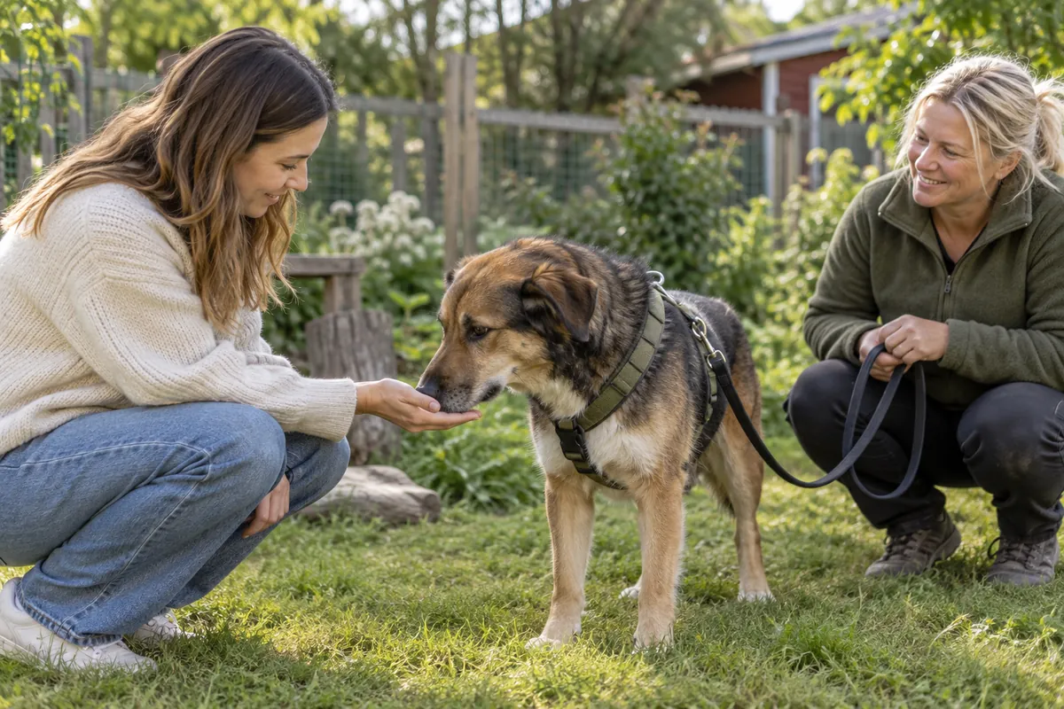 En kvinna lär känna en hund tillsammans med en volontär i en inhägnad trädgård.