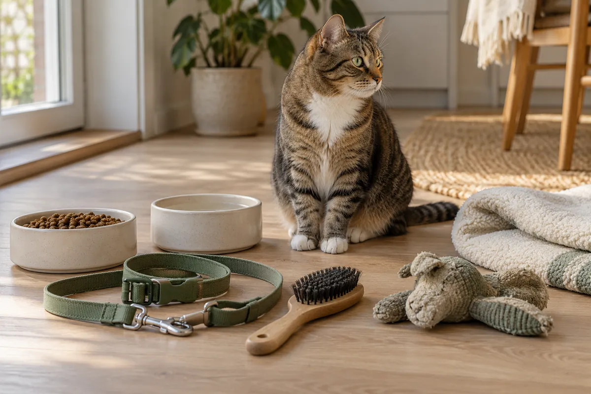 Katt bredvid matskålar, koppel, borste, leksak och filt.