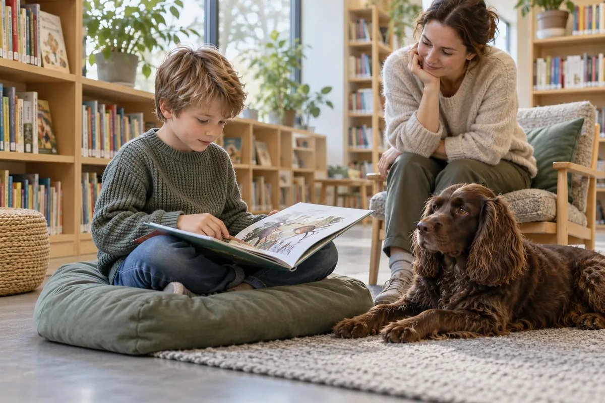 Barn läser en bok bredvid en lugn hund med en vuxen närvarande.