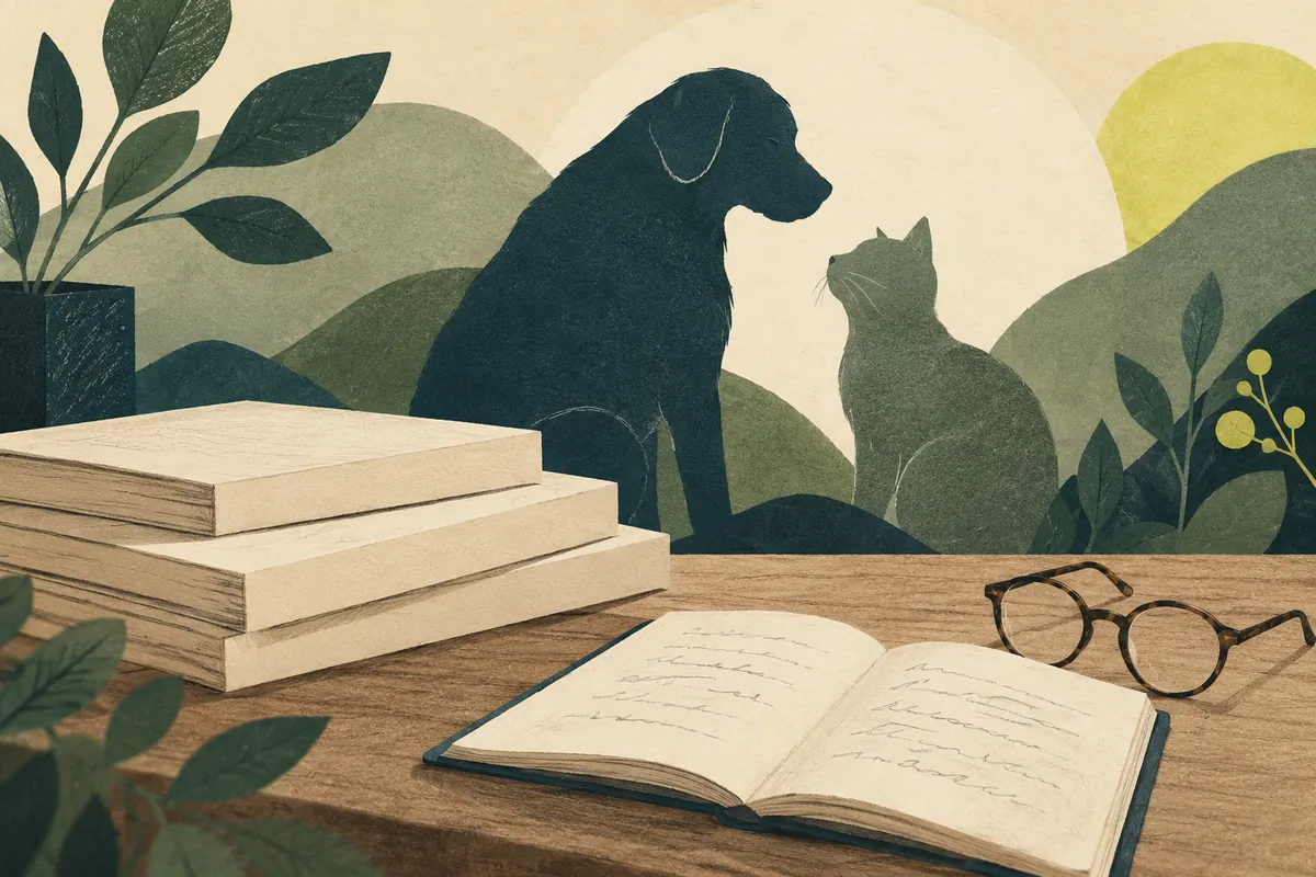 Illustration med rapporter, anteckningsbok och silhuetter av en hund och en katt.