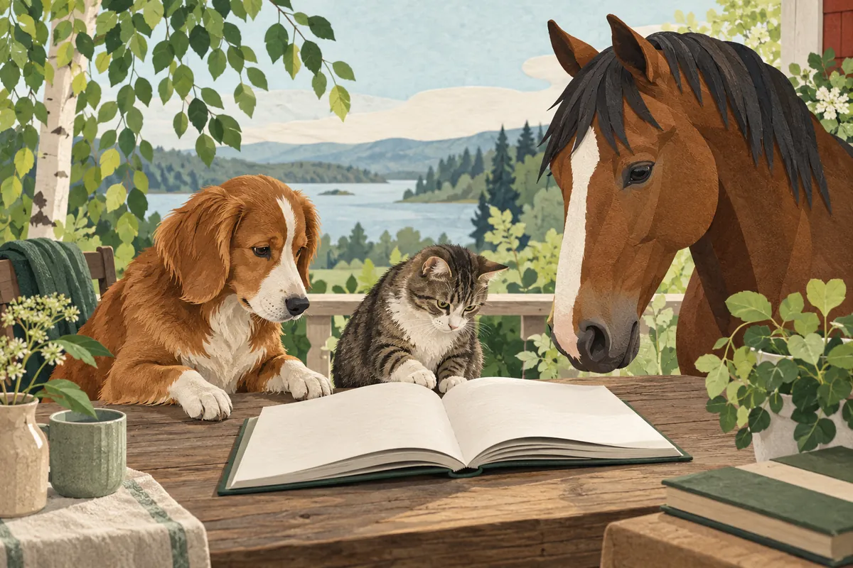 Illustration med hund, katt och häst intill en öppen rapport.