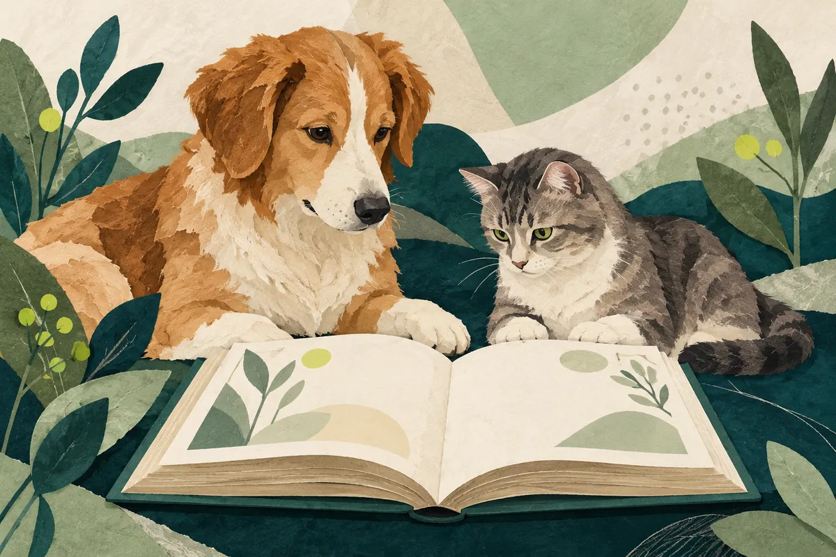 Illustration med en öppen bok, en hund och en katt.