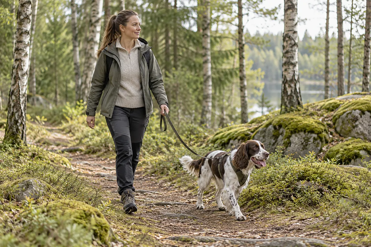 Hundägare promenerar med en kopplad hund på en skogsstig.