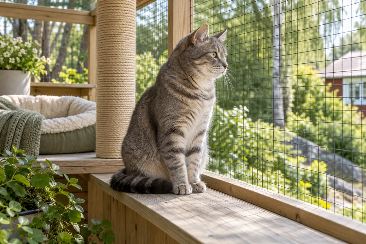 Katt på en innätad uteplats med klösmöbel och viloplats.