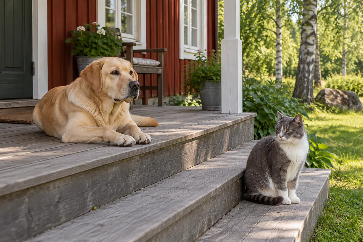 Labrador och katt på trappan till ett rött svenskt trähus.