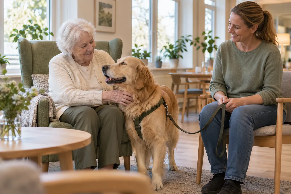 Äldre kvinna klappar en golden retriever medan hundföraren sitter bredvid.