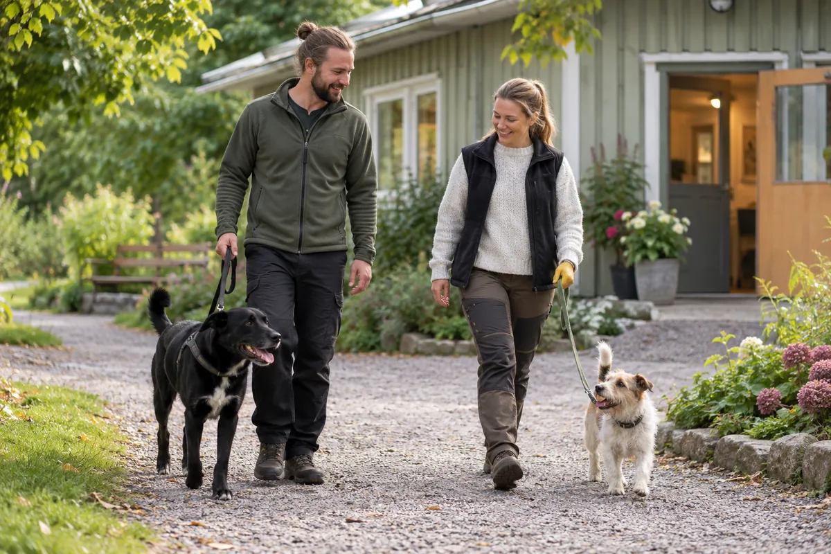 Två volontärer promenerar med varsin hund vid en svensk föreningslokal.
