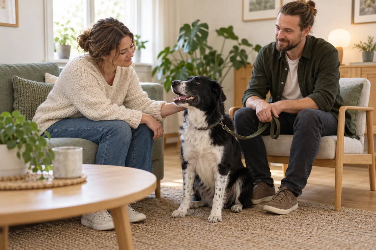 Kvinna klappar en lugn hund under ett besök med hundföraren.