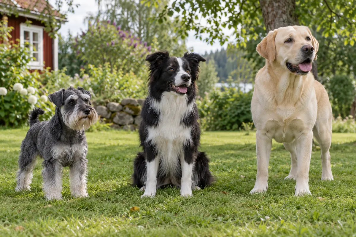 Dvärgschnauzer, border collie och labrador i en grön trädgård.