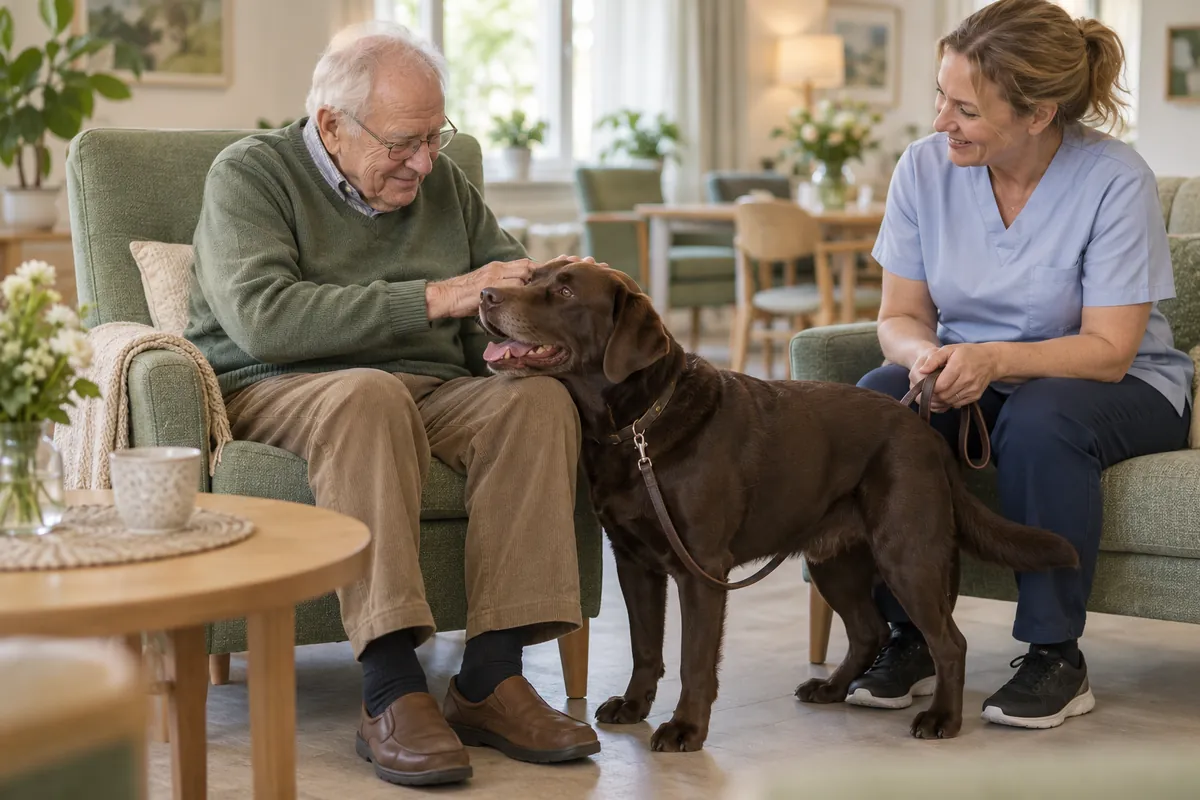 Äldre man möter en vårdhund tillsammans med hundens förare.